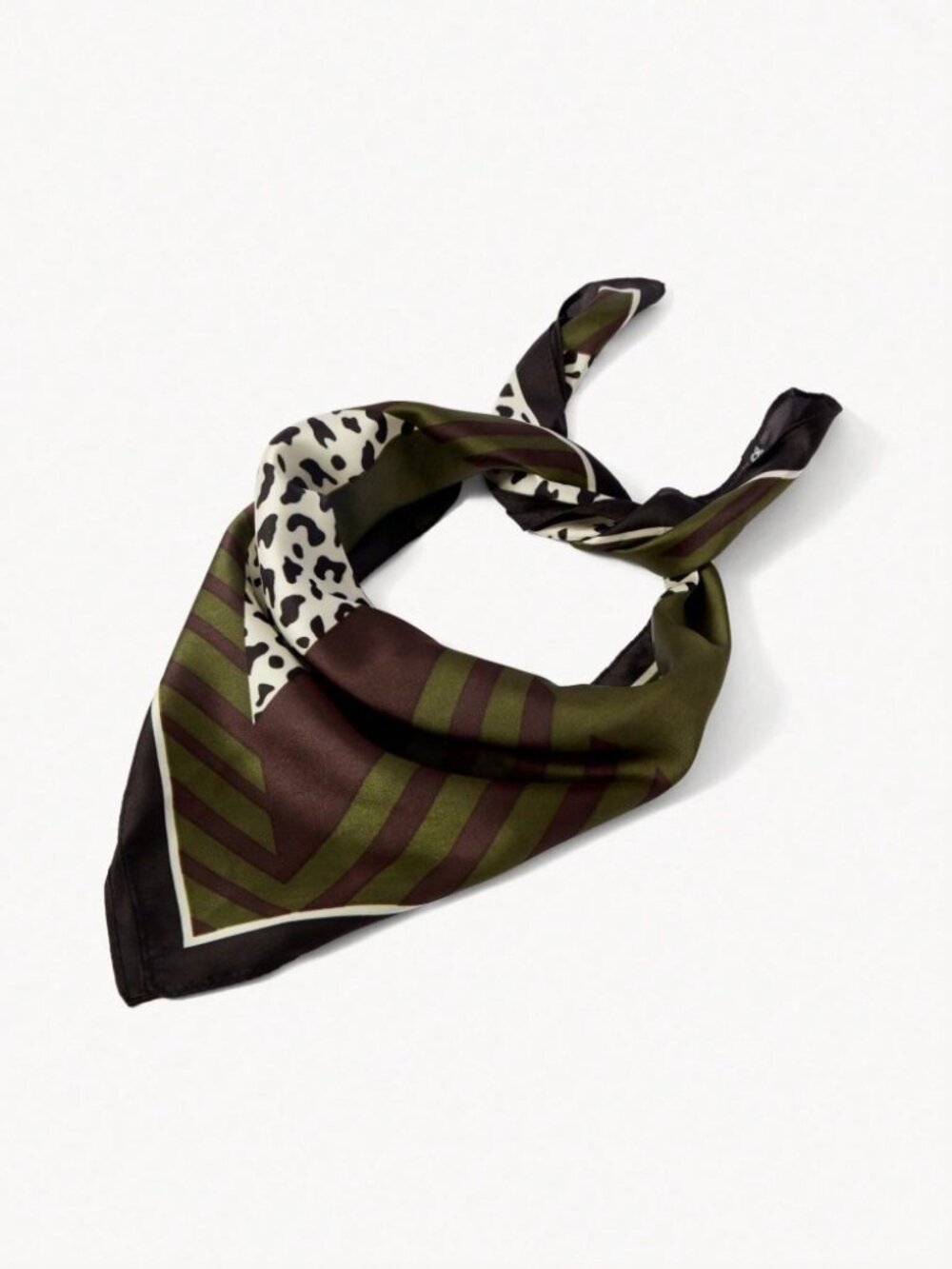 Brown & Olive Geometric and Digital Leopard Print Chevron Square Scarf
